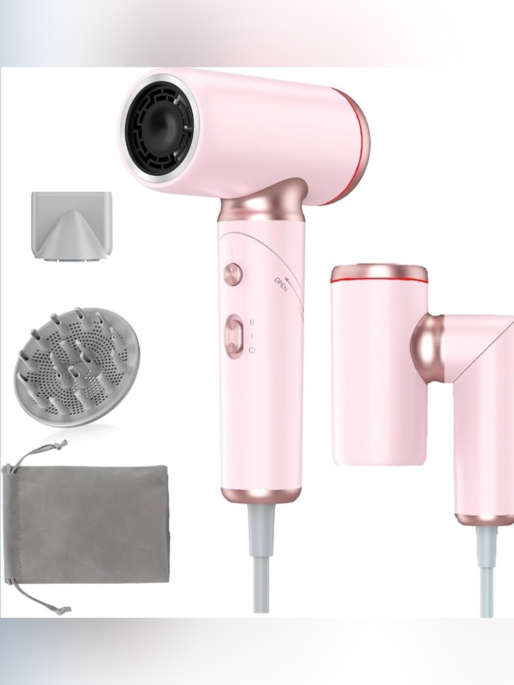 Dual Voltage Pink Foldable Travel Hair Dryer with Diffuser and Concentrator #015